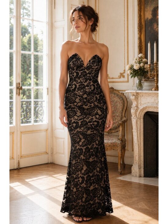 Lulus Dresses & Skirts - Lulus Sexy Sophistication Maxi Dress Sz Small Black Illusion Lace Trumpet Gown